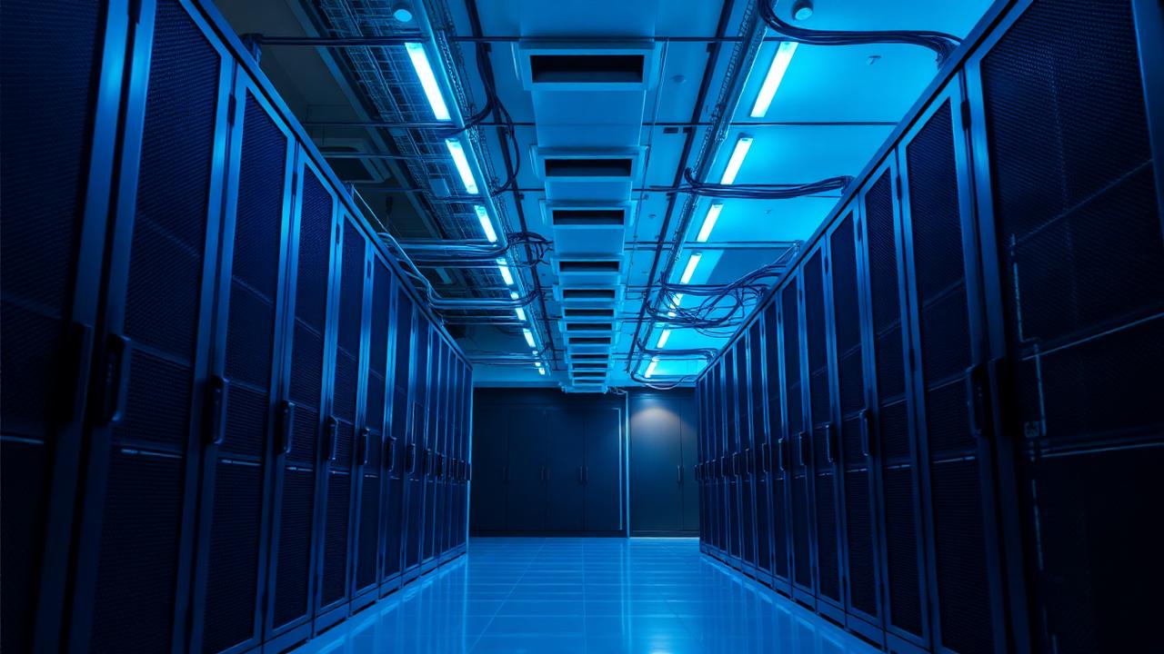 A corridor of server racks lit in cool blue light