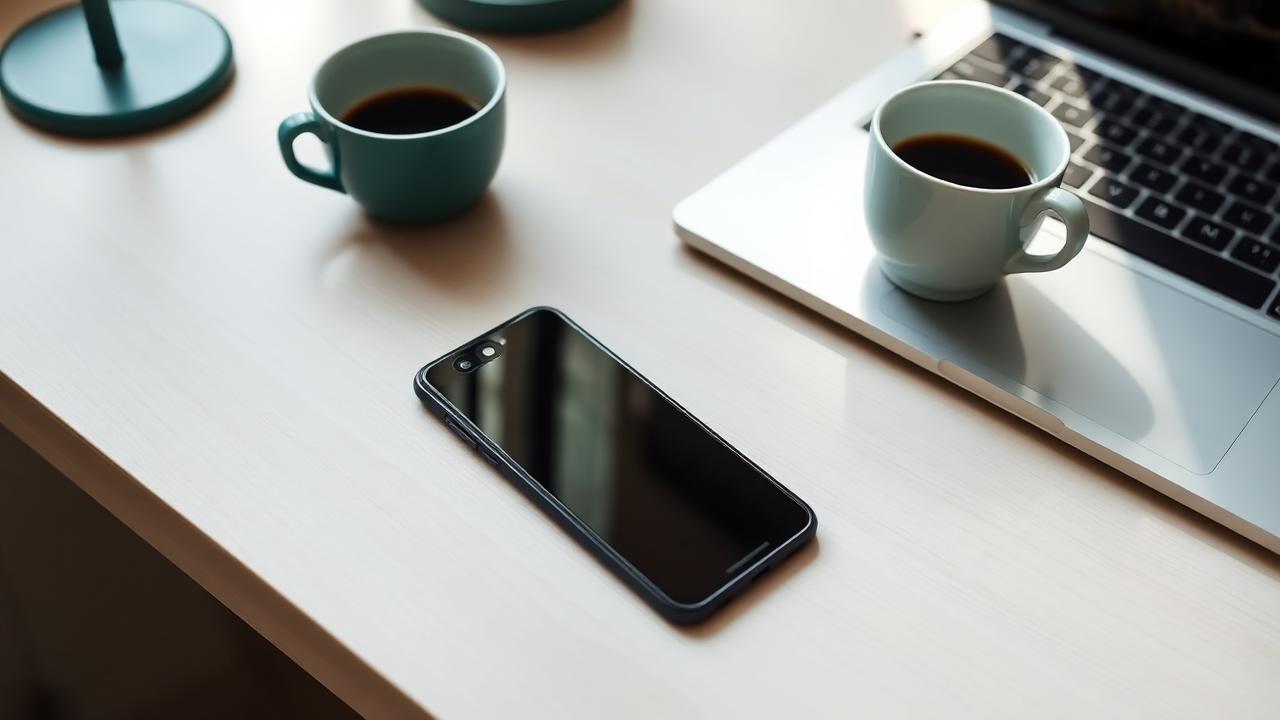 A phone, laptop and coffee cup on a pale wooden desk