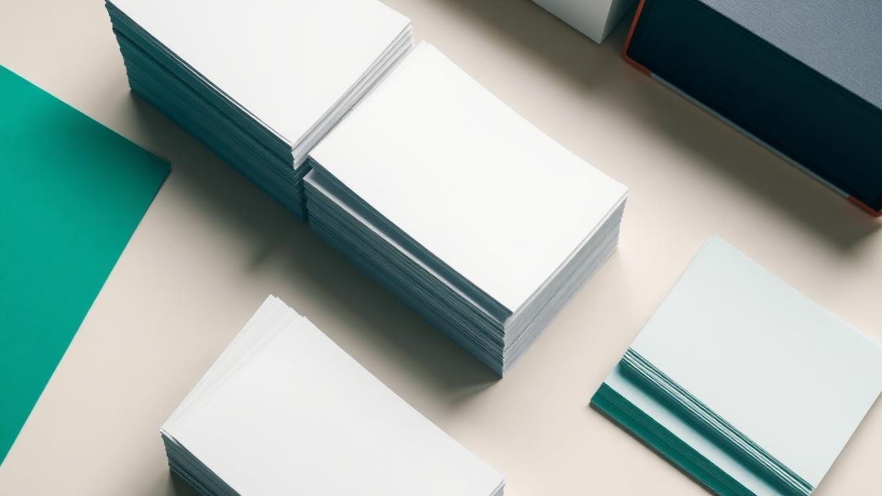 Neat stacks of identical paper cards on a pale desk