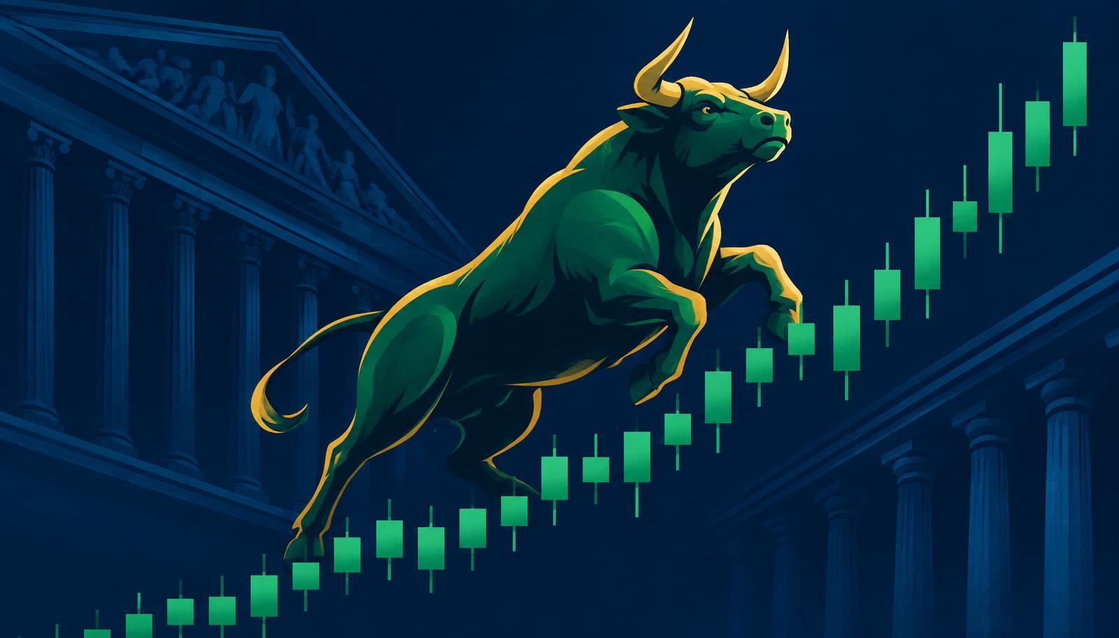 A green and gold bull leaping up a rising candlestick chart in front of Wall Street columns