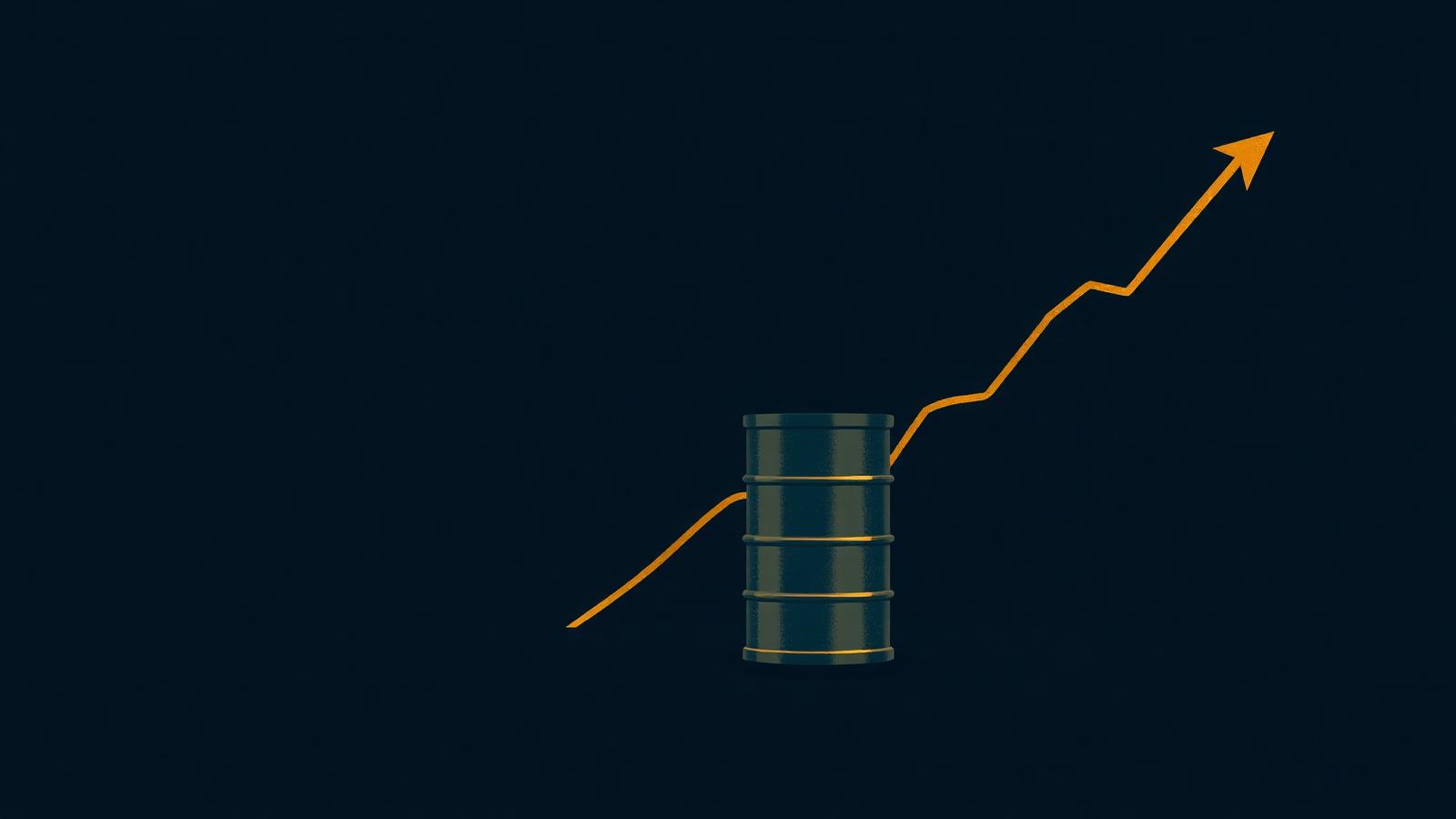 An oil barrel with a rising gold price line climbing across a deep navy background