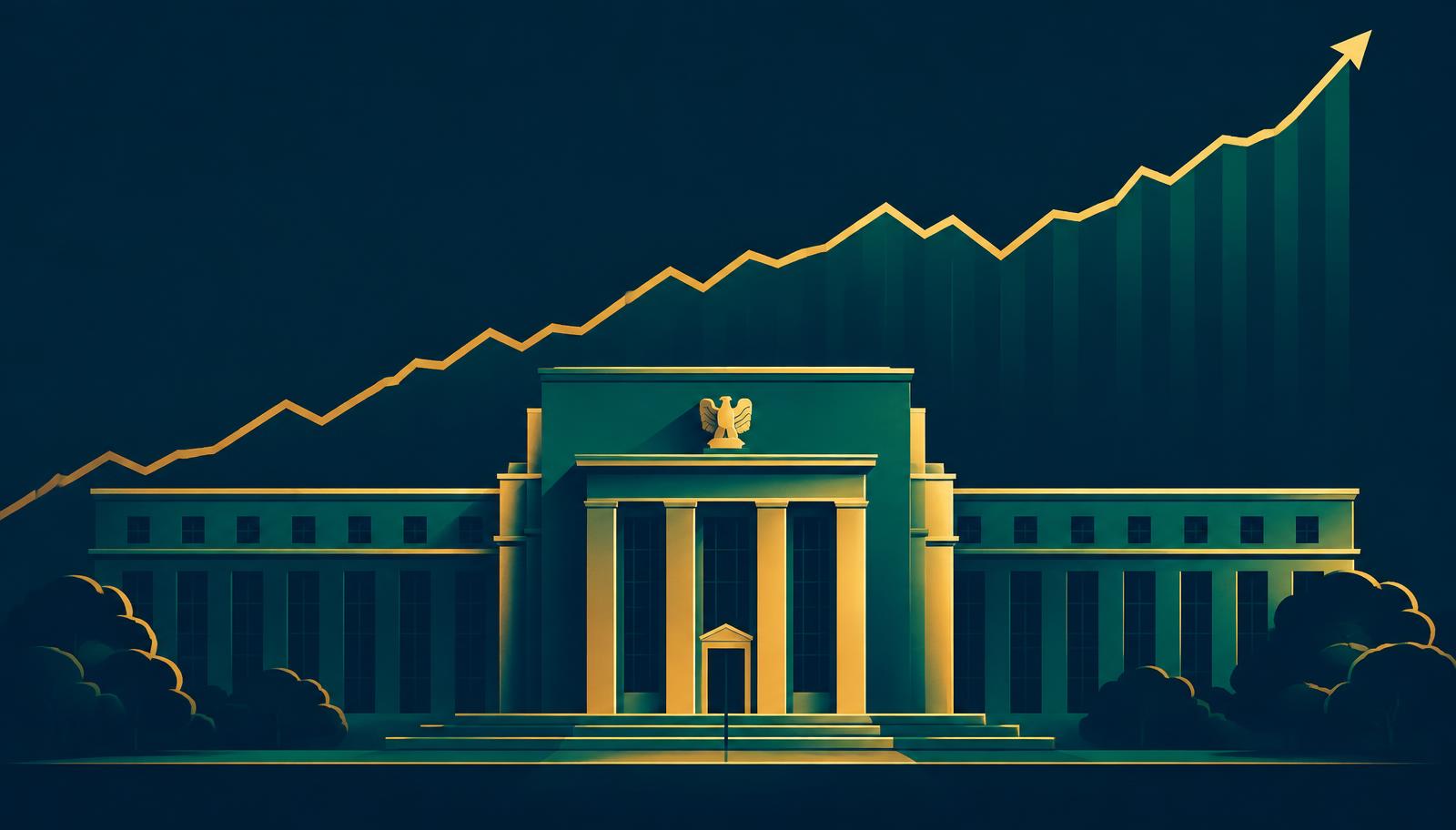 A gold yield line rising above a stylised Federal Reserve building on a navy background