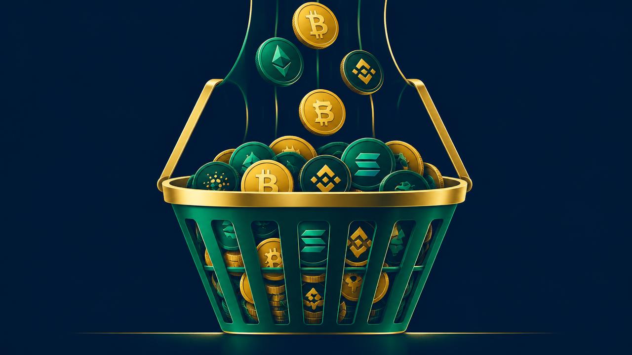 Illustration of crypto coins falling into a green fund basket