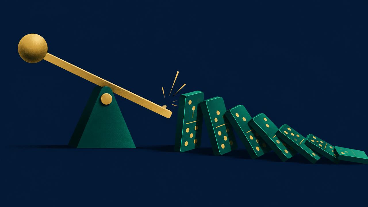 Illustration of a lever tipping a line of falling dominoes