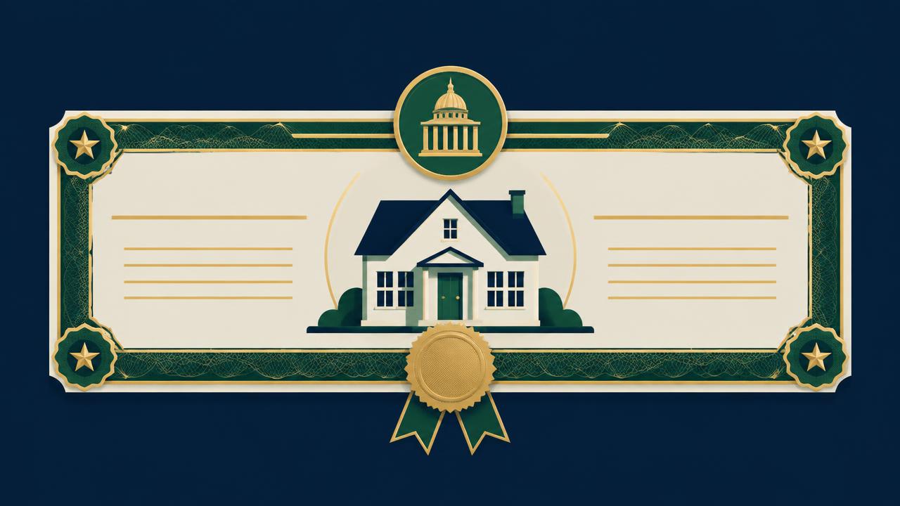 Illustration of a government bond certificate featuring a house