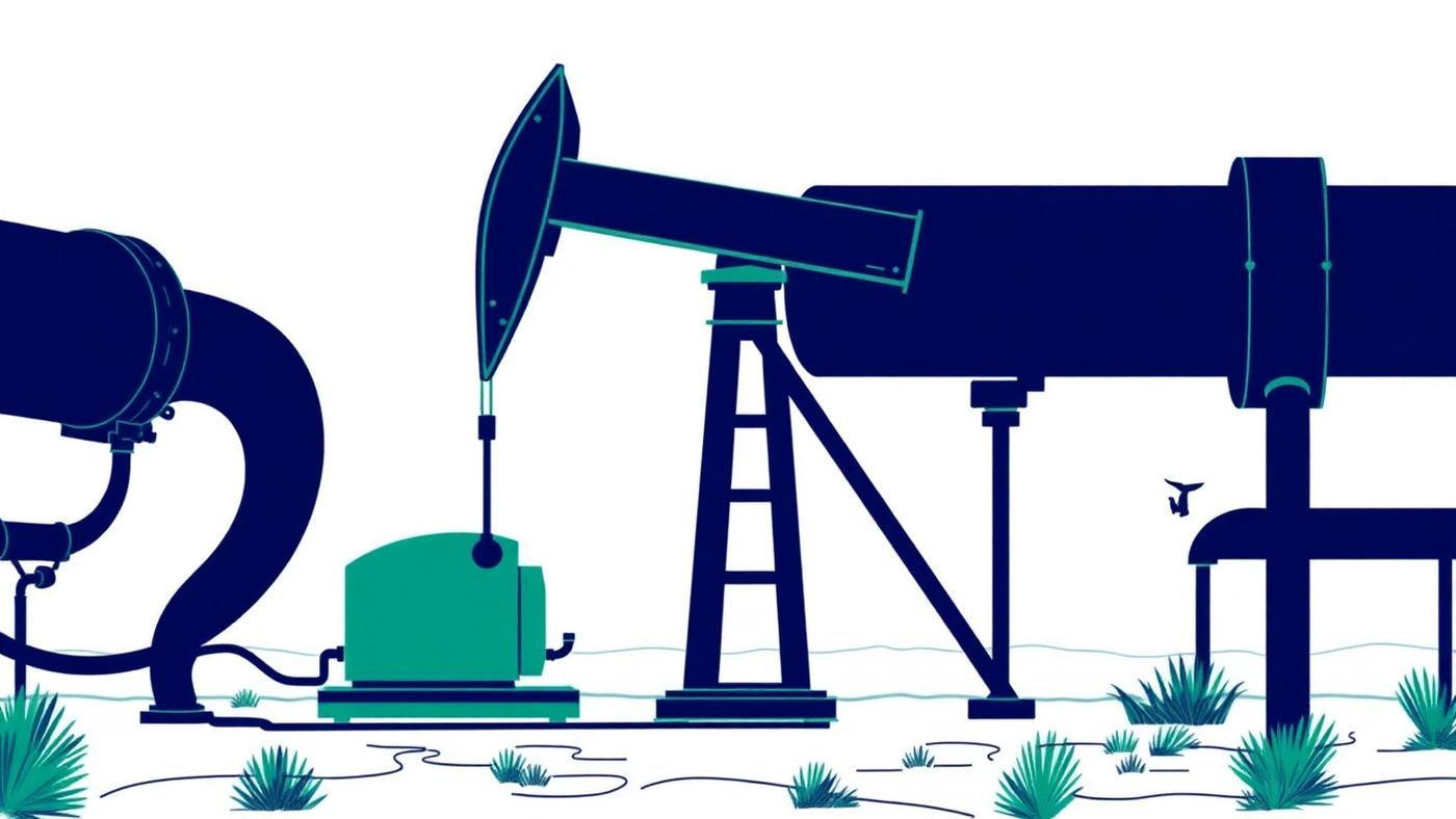 Editorial illustration of an oil pump jack and pipeline in navy and emerald
